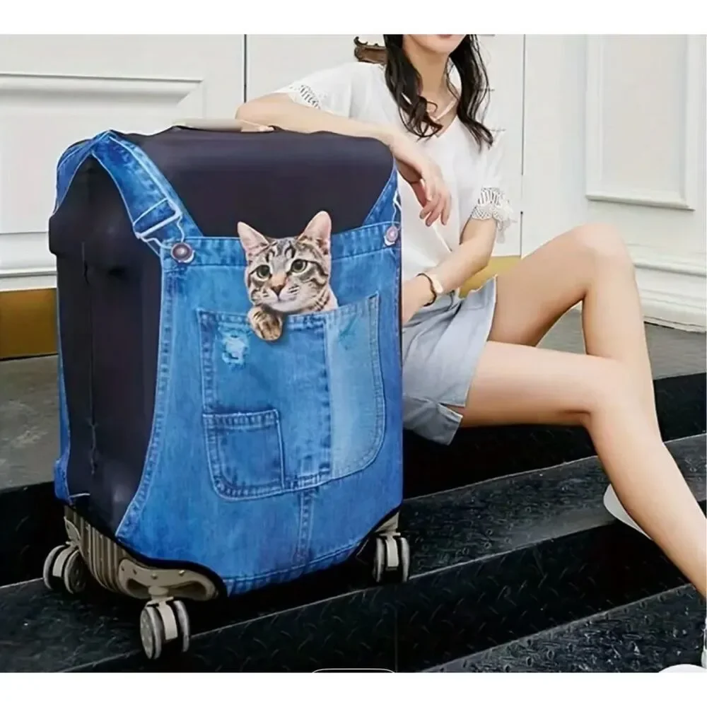 NWT Gorgeous Cat in Denim Overall Sz S 19”-21”Suitcase Luggage Elastic Cover
